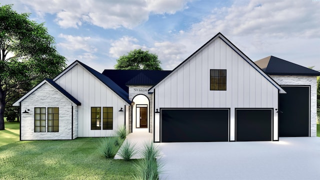 6616 NE 2nd St Lot 3, Benton City, WA 99320 - modern farmhouse with board and batten siding, stone siding, driveway, a front yard, and a garage