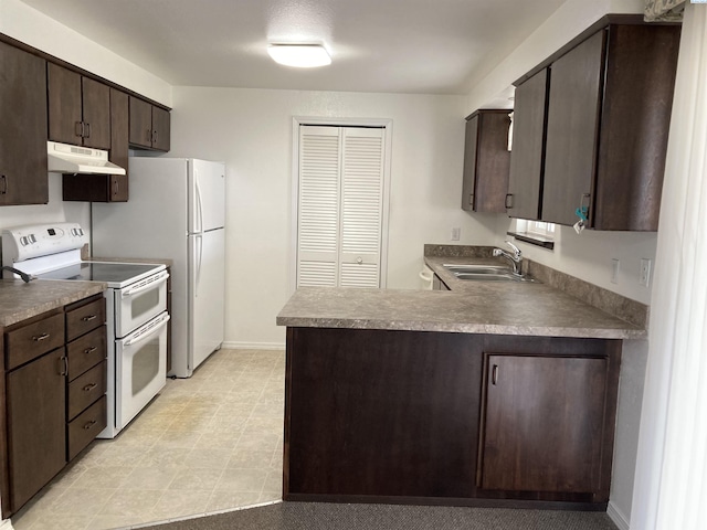 kitchen featuring dark brown cabinetry, white appliances, a peninsula, under cabinet range hood, and a sink