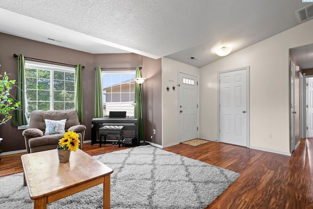 living room featuring lofted ceiling, dark hardwood / wood-style floors, and a textured ceiling