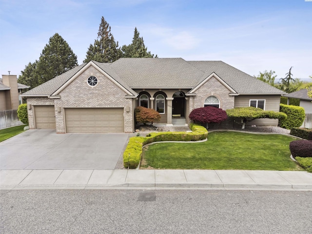 ranch-style home featuring a garage and a front yard