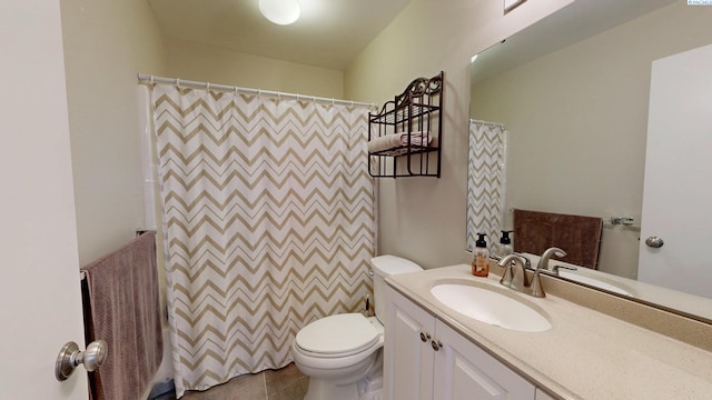 full bathroom featuring vanity, tile patterned flooring, toilet, and a shower with curtain