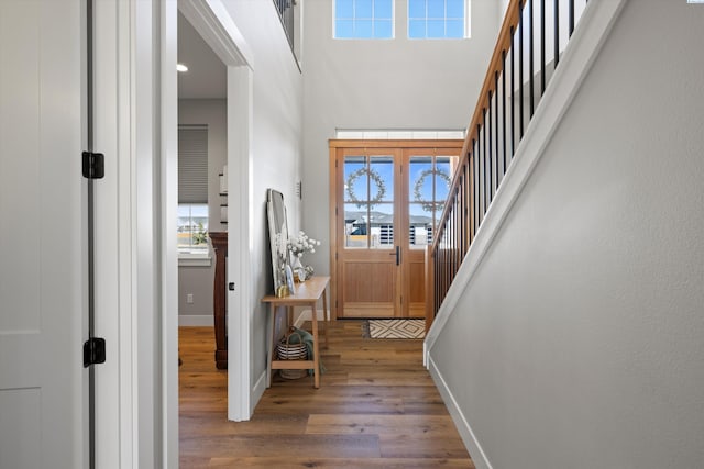 entryway with hardwood / wood-style flooring and a high ceiling