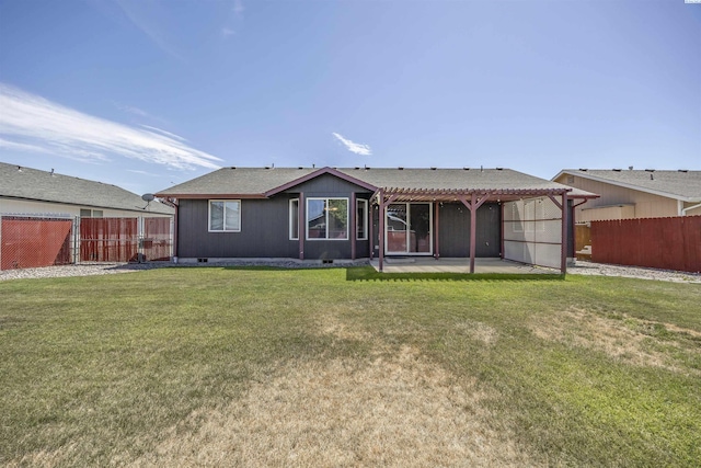 8307 Camano Dr, Pasco, WA 99301 - back of house with a pergola, a fenced backyard, a patio, and crawl space