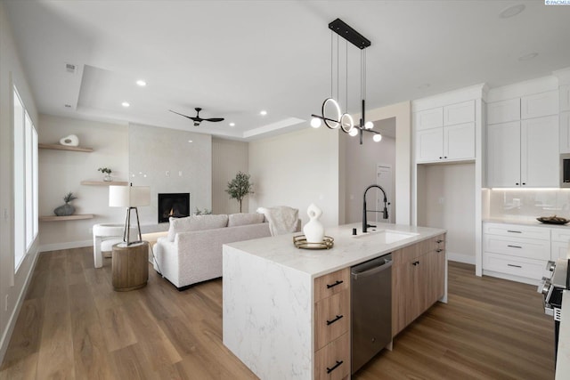 561 Lazio Way, Richland, WA 99352 - kitchen featuring appliances with stainless steel finishes, a sink, wood finished floors, a ceiling fan, and recessed lighting