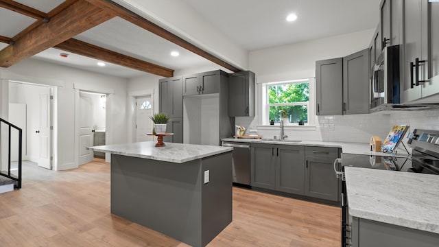 215 E Oak St, Walla Walla, WA 99362 - kitchen featuring gray cabinets, tasteful backsplash, appliances with stainless steel finishes, and a sink