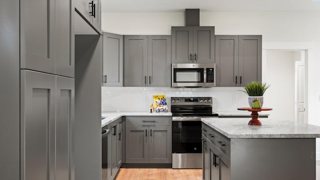 215 E Oak St, Walla Walla, WA 99362 - kitchen with light wood finished floors, gray cabinets, a center island, backsplash, and appliances with stainless steel finishes