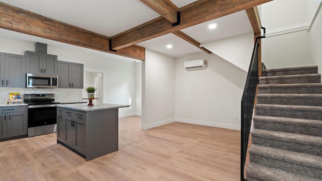 215 E Oak St, Walla Walla, WA 99362 - kitchen featuring baseboards, gray cabinets, stainless steel appliances, and tasteful backsplash
