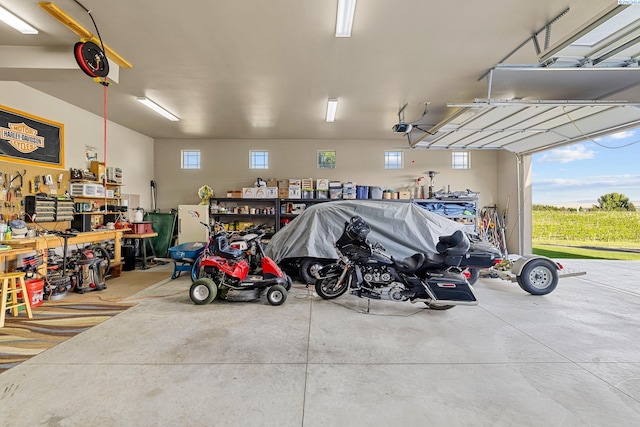 garage with a garage door opener and a workshop area