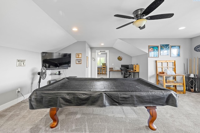rec room featuring pool table, ceiling fan, carpet flooring, vaulted ceiling, and recessed lighting