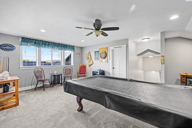 recreation room featuring carpet, a ceiling fan, recessed lighting, and billiards table