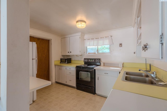 kitchen with white cabinetry, ornamental molding, sink, and electric range