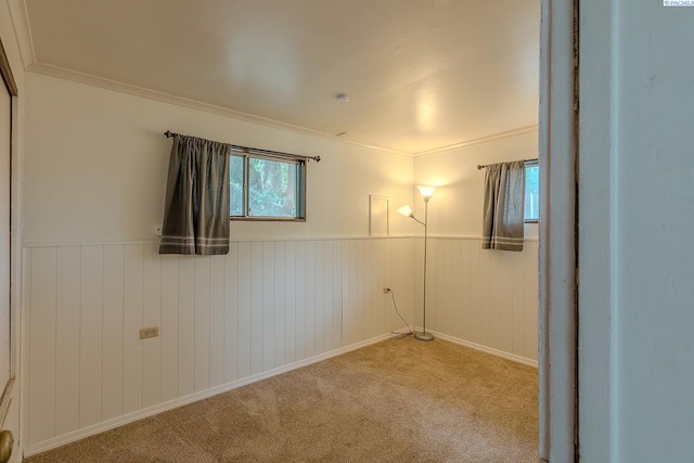 empty room featuring crown molding and light colored carpet