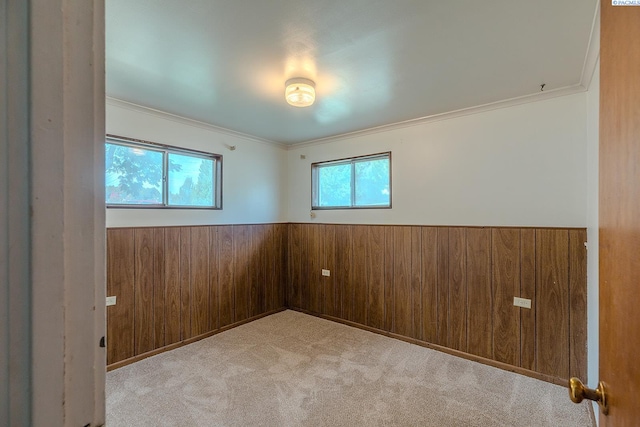 carpeted spare room featuring crown molding and wood walls