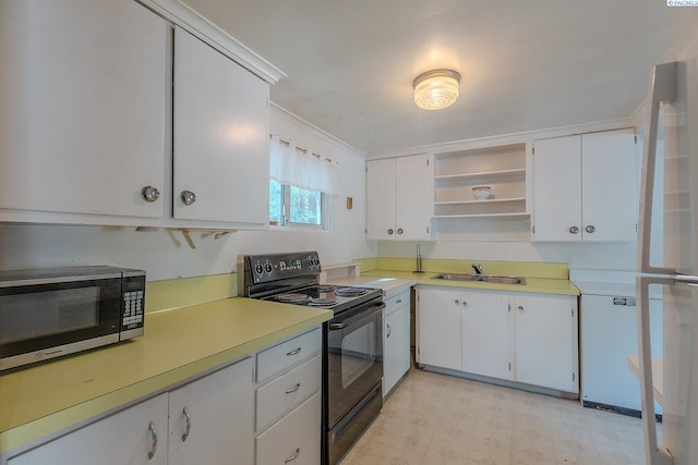 kitchen featuring white cabinetry, black range with electric stovetop, sink, and dishwashing machine