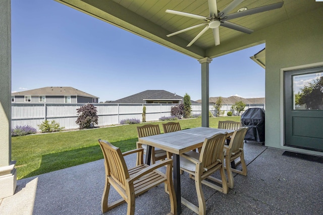 3512 El Paso Dr, Pasco, WA 99301 - view of patio / terrace with ceiling fan, outdoor dining space, a residential view, and a grill