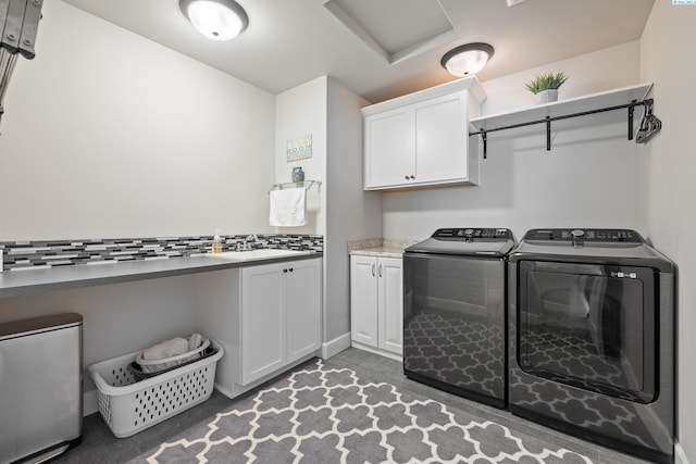 6416 Recurve Rd, Pasco, WA 99301 - laundry area with washer and clothes dryer, cabinet space, attic access, and tile patterned flooring
