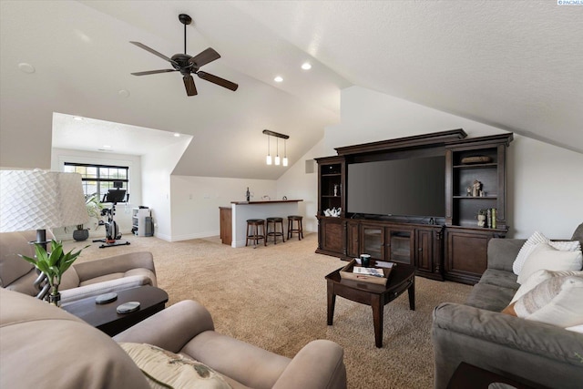 1010 Christopher Ln, Pasco, WA 99301 - living area with lofted ceiling, light colored carpet, a ceiling fan, baseboards, and recessed lighting