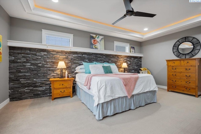 5298 S Quincy Pl, Kennewick, WA 99337 - carpeted bedroom featuring a tray ceiling, baseboards, recessed lighting, and ceiling fan