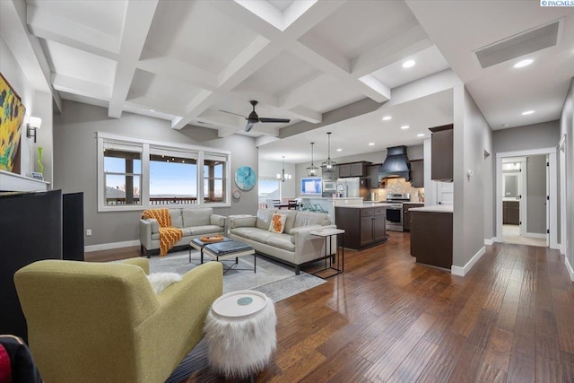 5298 S Quincy Pl, Kennewick, WA 99337 - living room featuring baseboards, dark wood-style flooring, ceiling fan, beam ceiling, and coffered ceiling