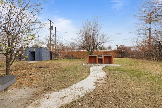 view of yard featuring a shed