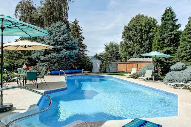 3114 Rd 103, Pasco, WA 99301 - view of pool featuring a fenced in pool, a patio, an outdoor structure, fence, and a storage unit