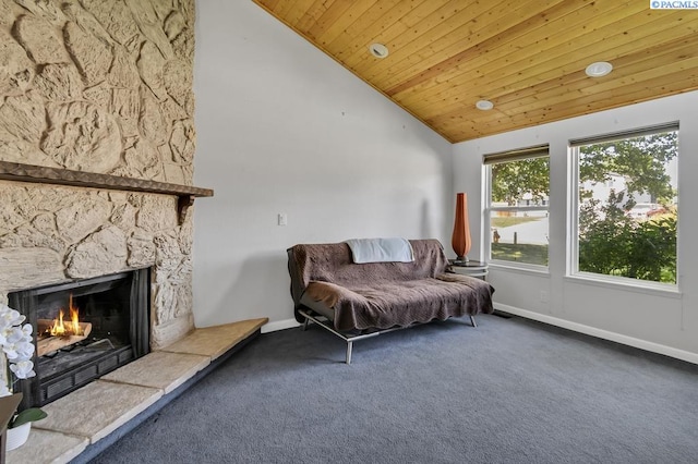 141 Travis Ln, Kennewick, WA 99338 - sitting room with wood ceiling, carpet, high vaulted ceiling, and a fireplace