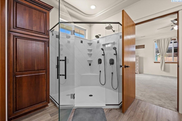 4507 Indian Rdg, Pasco, WA 99301 - full bathroom with ornamental molding, a shower stall, ceiling fan, and wood finished floors