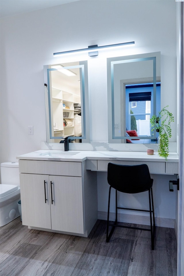 bathroom with vanity, wood-type flooring, and toilet