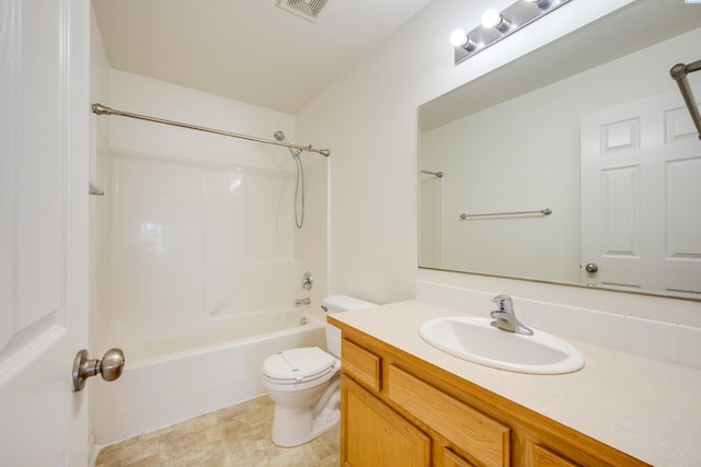 full bath featuring vanity, shower / bathing tub combination, toilet, and visible vents