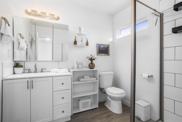 bathroom with hardwood / wood-style flooring, vanity, and toilet