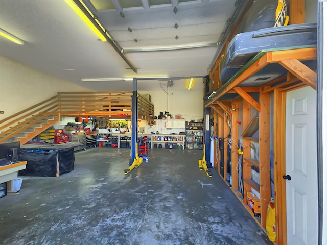 garage with a workshop area