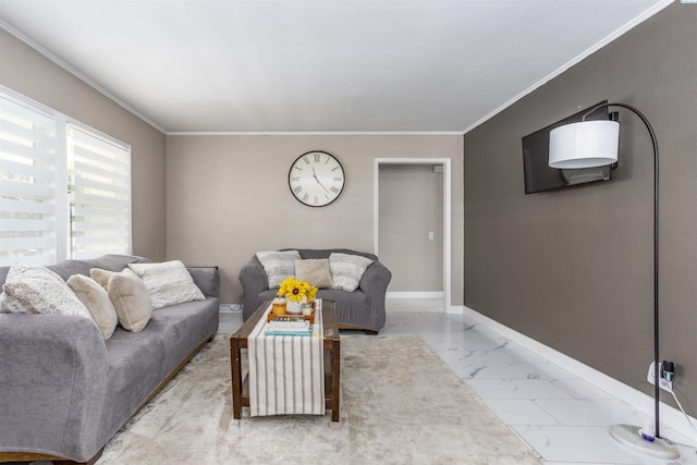 living room with crown molding