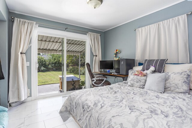 bedroom with access to outside and ornamental molding