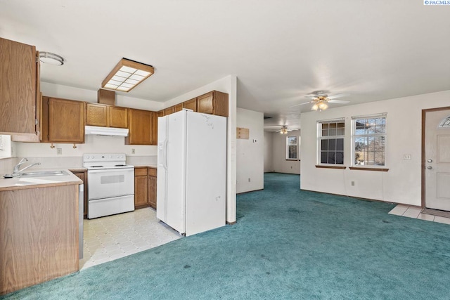 kitchen featuring light carpet, sink, white appliances, and ceiling fan