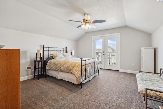 6624 Recurve Rd, Pasco, WA 99301 - carpeted bedroom with access to exterior, vaulted ceiling, baseboards, ceiling fan, and french doors