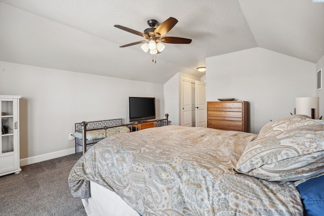 6624 Recurve Rd, Pasco, WA 99301 - bedroom featuring vaulted ceiling, dark carpet, baseboards, ceiling fan, and a closet