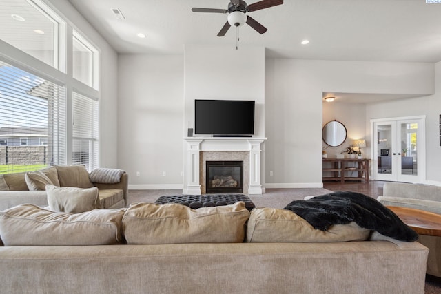 6624 Recurve Rd, Pasco, WA 99301 - living room featuring baseboards, ceiling fan, french doors, recessed lighting, and a glass covered fireplace