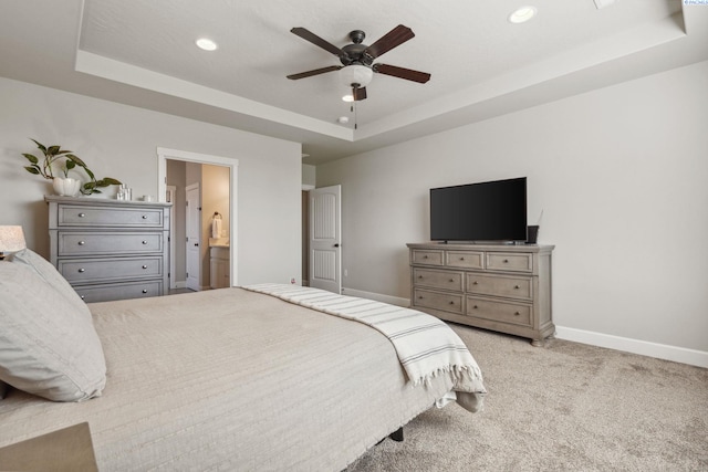 6624 Recurve Rd, Pasco, WA 99301 - bedroom with a raised ceiling, recessed lighting, baseboards, light carpet, and ceiling fan