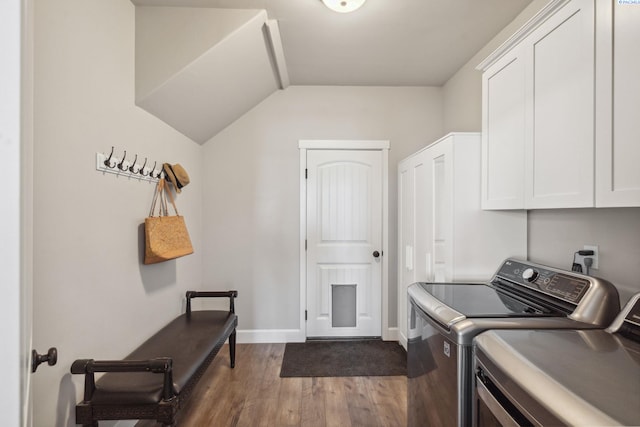 6624 Recurve Rd, Pasco, WA 99301 - laundry area featuring washer and dryer, cabinet space, dark wood-type flooring, and baseboards