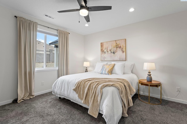 carpeted bedroom with a ceiling fan, visible vents, recessed lighting, and baseboards