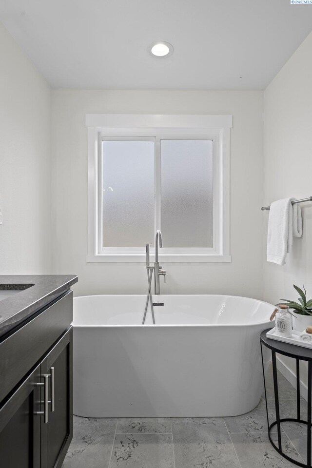 bathroom featuring vanity and a freestanding tub