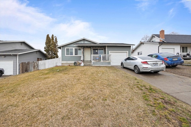 single story home featuring driveway, an attached garage, covered porch, fence, and a front yard