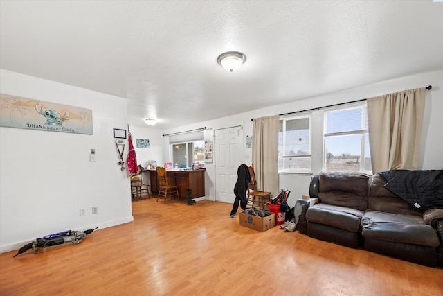 living room with a textured ceiling, a wealth of natural light, light wood-style flooring, and baseboards