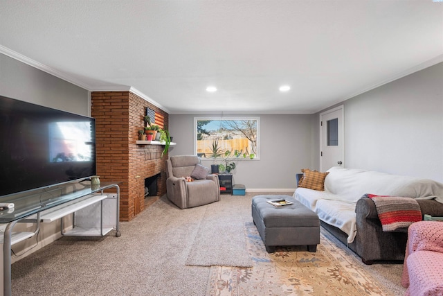 living room with ornamental molding, a brick fireplace, and carpet flooring