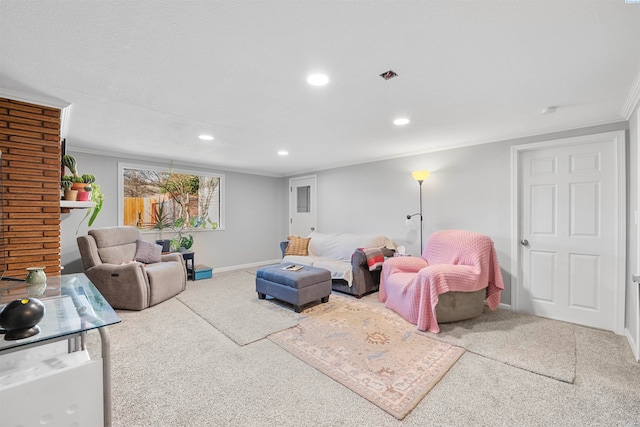 carpeted living room with crown molding