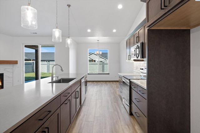 6701 Sockeye Ln, Pasco, WA 99301 - kitchen with sink, hanging light fixtures, plenty of natural light, stainless steel appliances, and backsplash