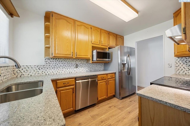 1925 Everest Ave, Richland, WA 99354 - kitchen with appliances with stainless steel finishes, wall chimney range hood, a sink, light wood-type flooring, and tasteful backsplash