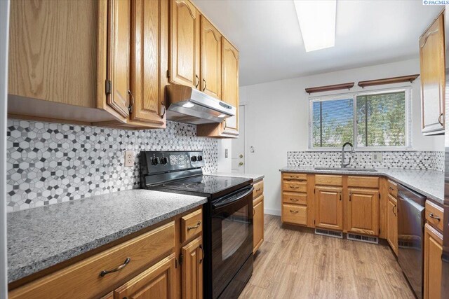 1925 Everest Ave, Richland, WA 99354 - kitchen with black electric range, under cabinet range hood, a sink, stainless steel dishwasher, and decorative backsplash