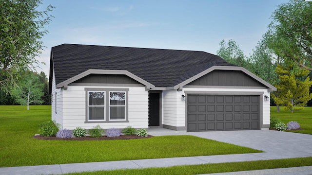 7010 W 25th Ave Unit Lot18, Kennewick, WA 99338 - view of front of home with an attached garage, a front lawn, board and batten siding, and a shingled roof