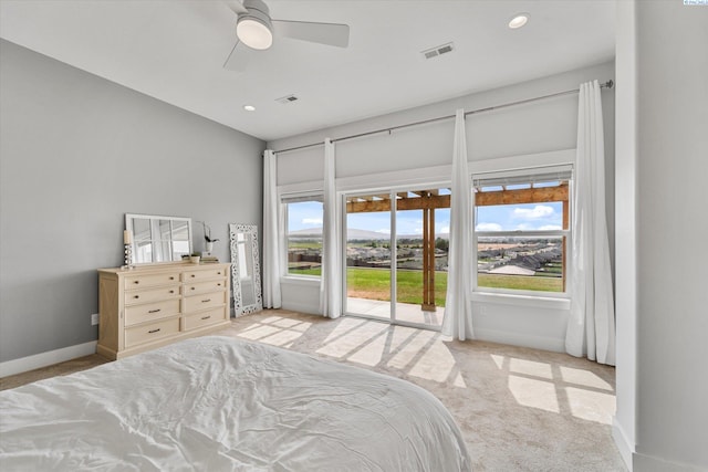 6514 Eagle Crest Dr, Pasco, WA 99301 - carpeted bedroom featuring access to exterior, baseboards, visible vents, recessed lighting, and ceiling fan